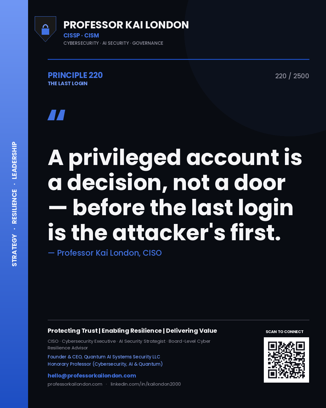 Quote card by Professor Kai London reading 'A privileged account is a decision, not a door — before the last login is the attacker's first.'. From the book The Last Login.