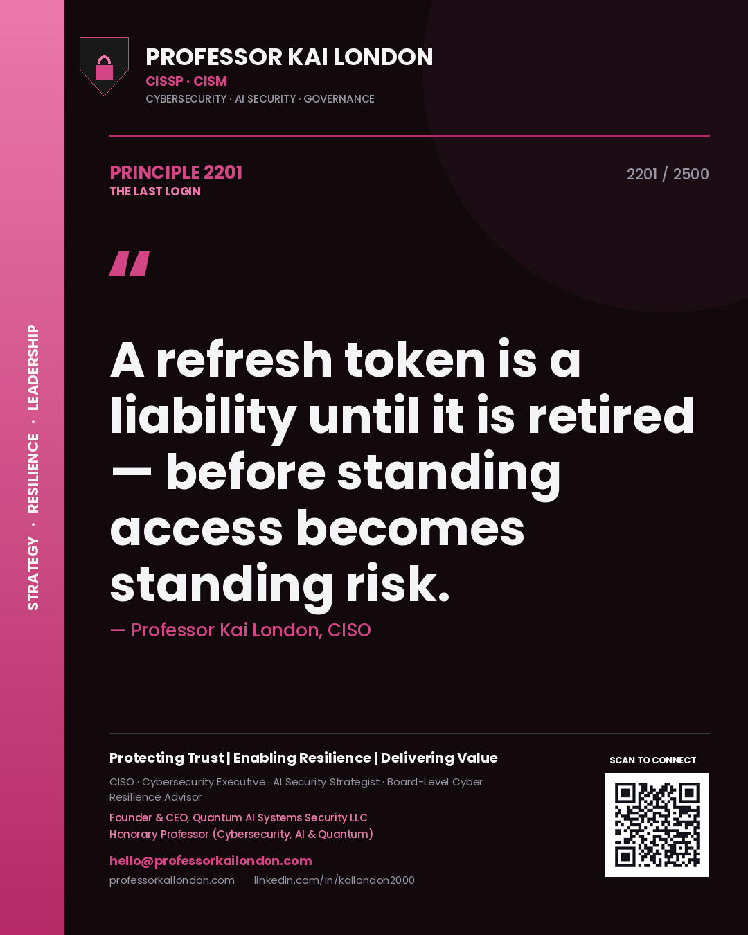 Professor Kai London principle 2201: A refresh token is a liability until it is retired — before standing access becomes standing risk.