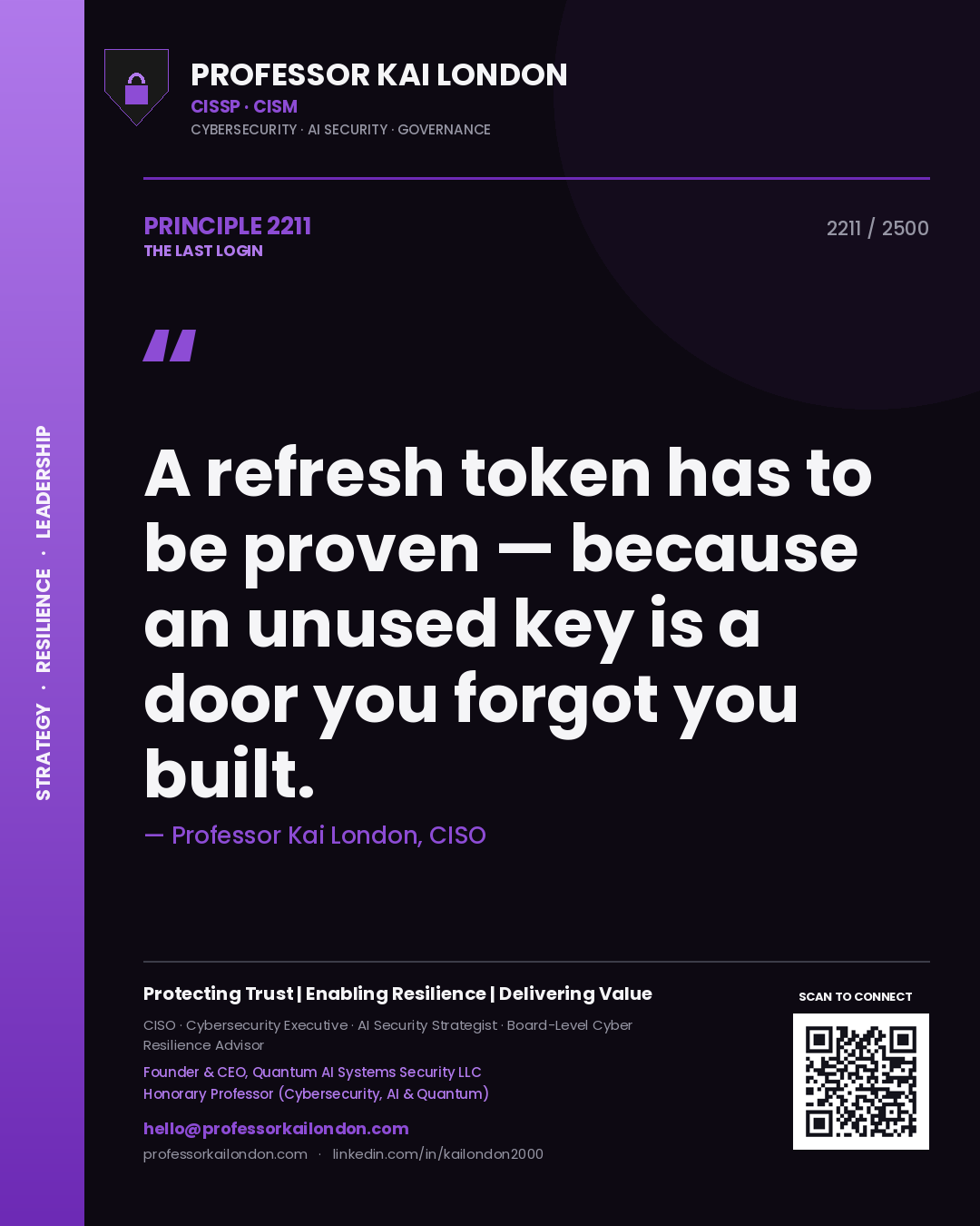 Professor Kai London principle 2211: A refresh token has to be proven — because an unused key is a door you forgot you built.