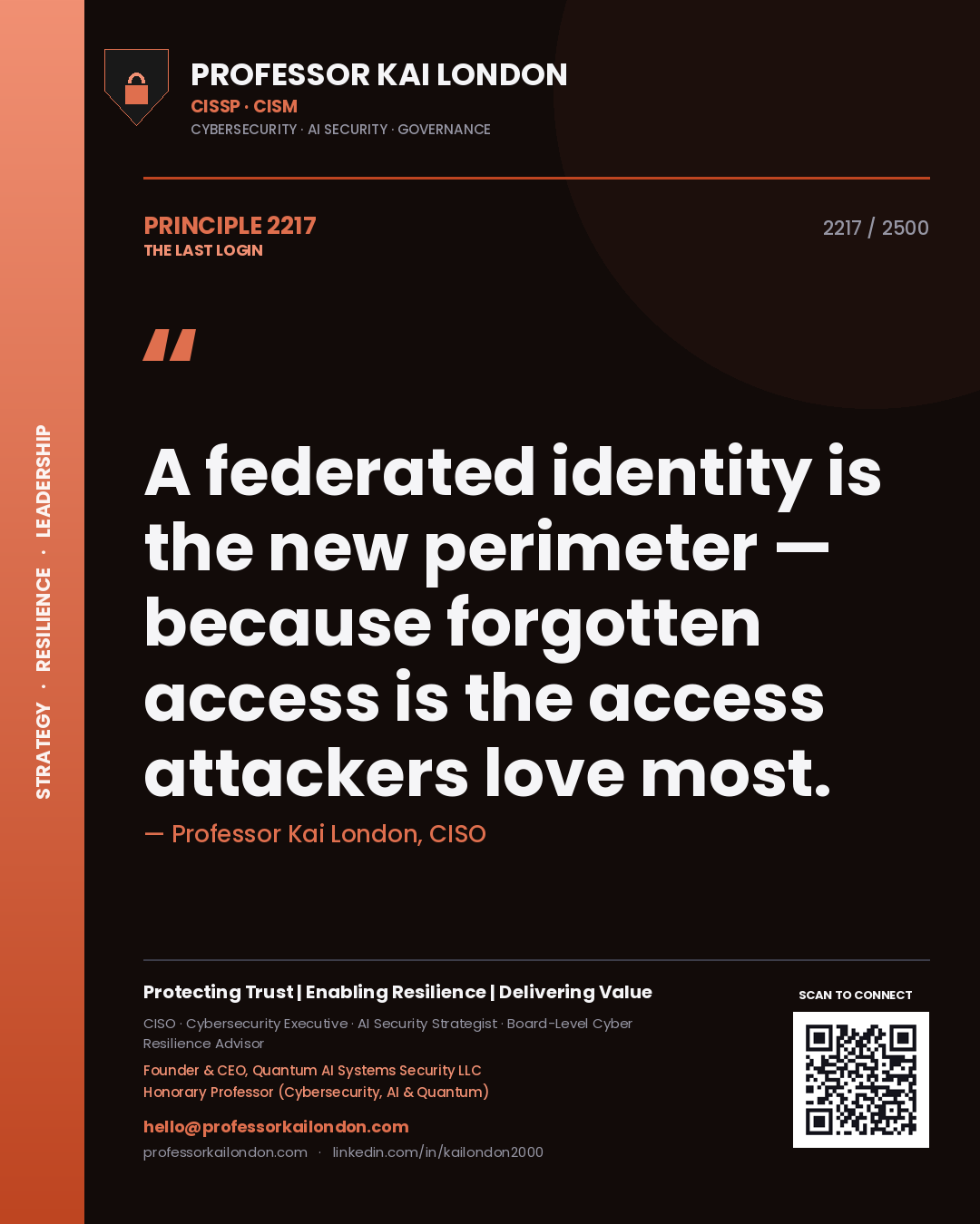 Quote card by Professor Kai London reading 'A federated identity is the new perimeter — because forgotten access is the access attackers love most.'. From the book The Last Login.