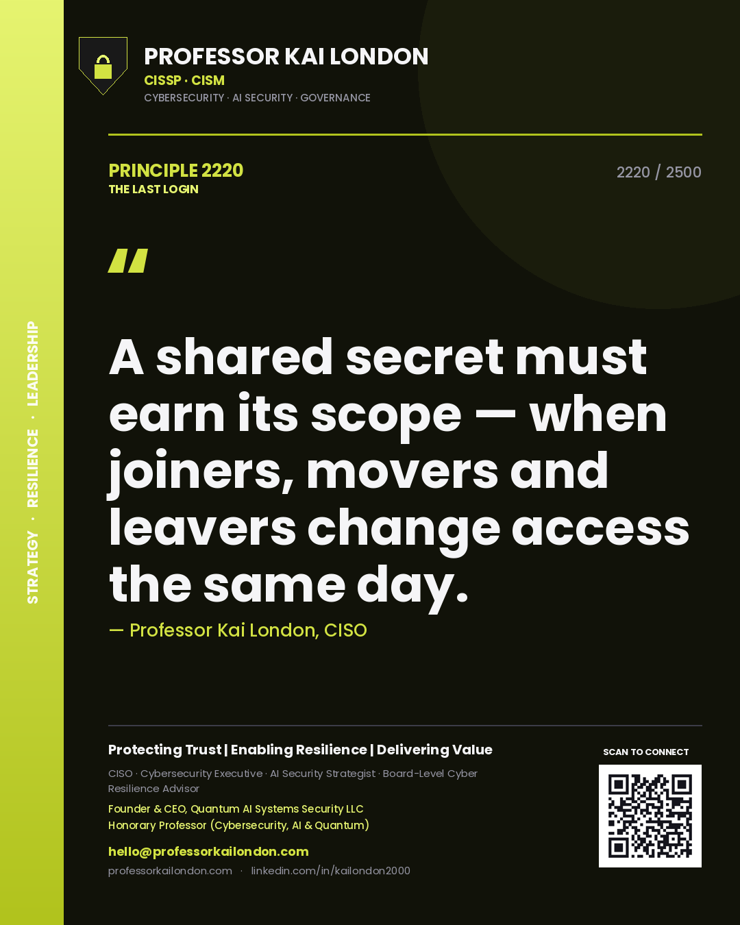 Professor Kai London principle 2220: A shared secret must earn its scope — when joiners, movers and leavers change access the same day.