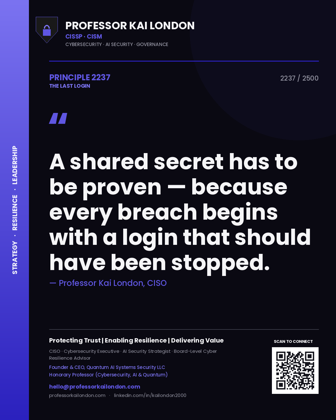 Professor Kai London principle 2237: A shared secret has to be proven — because every breach begins with a login that should have been stopped.