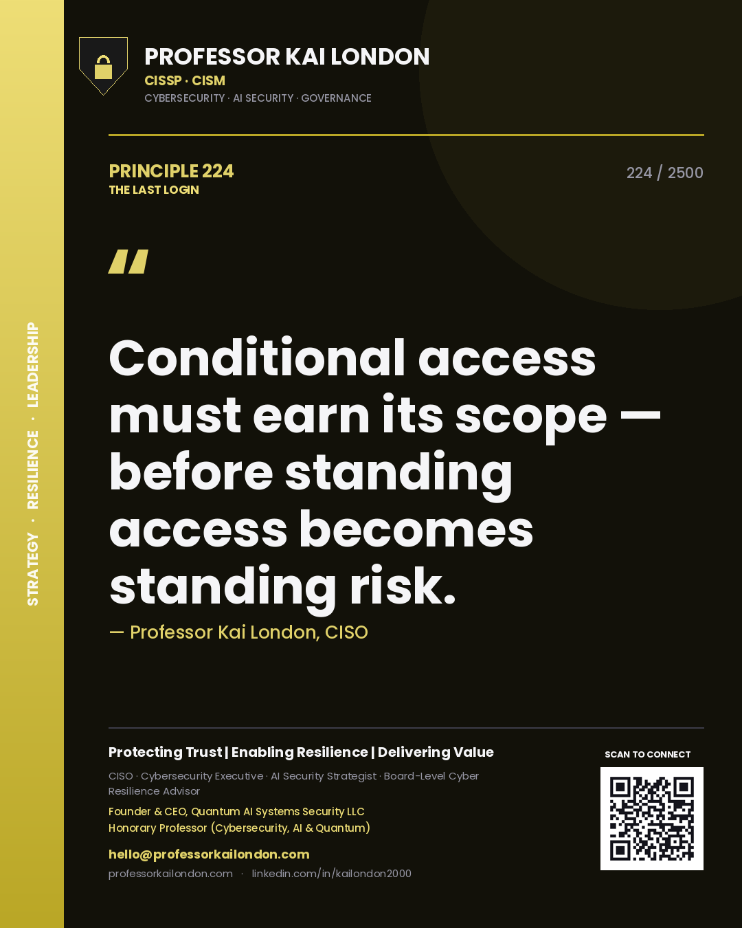 Professor Kai London principle 224: Conditional access must earn its scope — before standing access becomes standing risk.