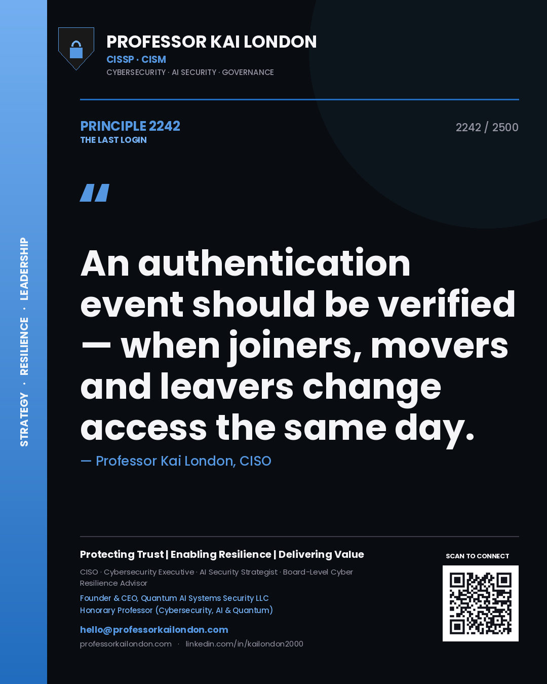 Quote card by Professor Kai London reading 'An authentication event should be verified — when joiners, movers and leavers change access the same day.'. From the book The Last Login.