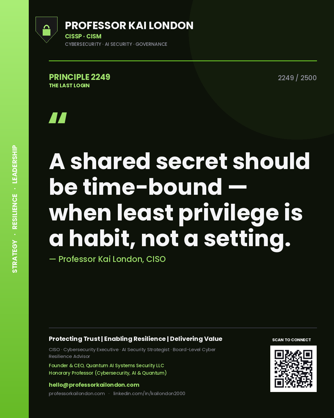 Professor Kai London principle 2249: A shared secret should be time-bound — when least privilege is a habit, not a setting.