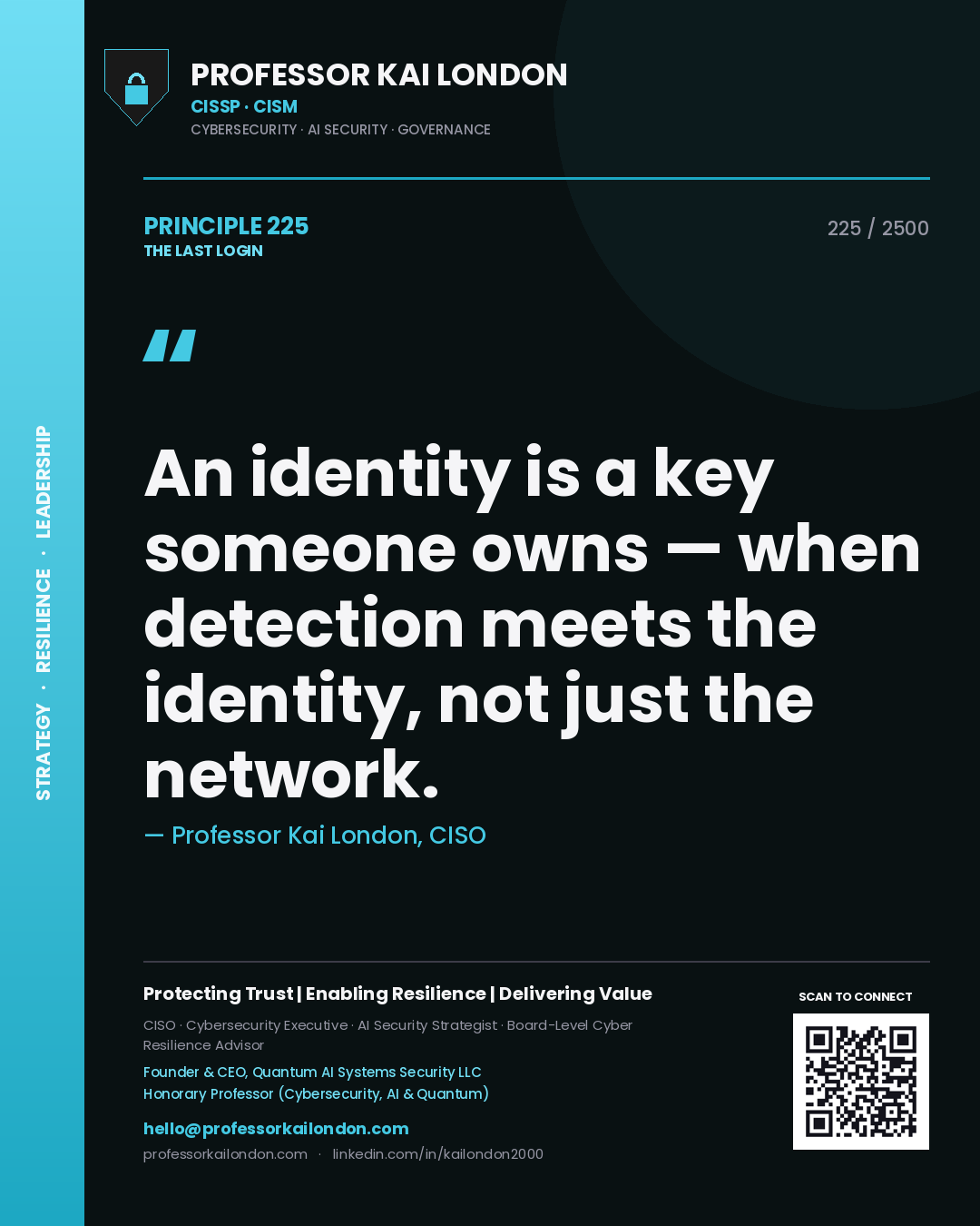 Quote card by Professor Kai London reading 'An identity is a key someone owns — when detection meets the identity, not just the network.'. From the book The Last Login.
