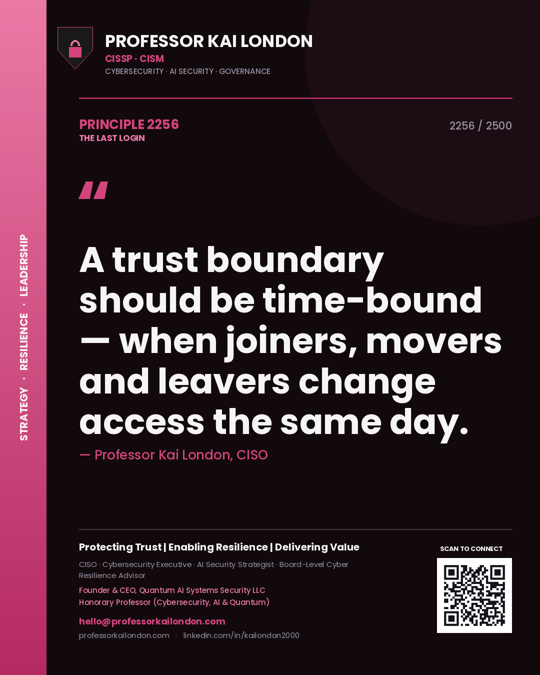 Professor Kai London principle 2256: A trust boundary should be time-bound — when joiners, movers and leavers change access the same day.