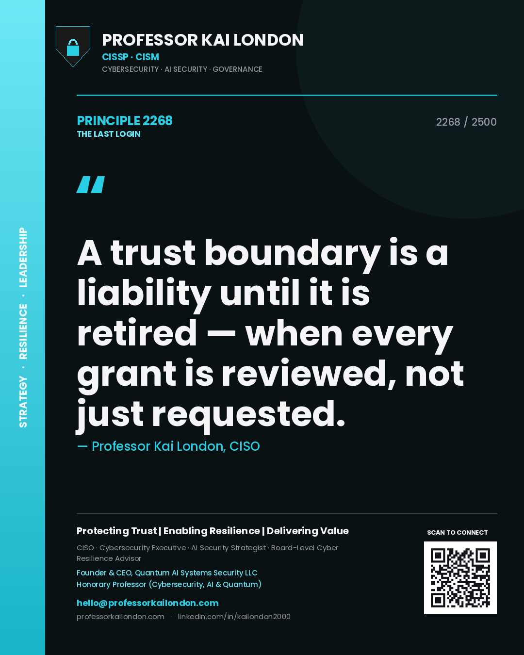 Quote card by Professor Kai London reading 'A trust boundary is a liability until it is retired — when every grant is reviewed, not just requested.'. From the book The Last Login.