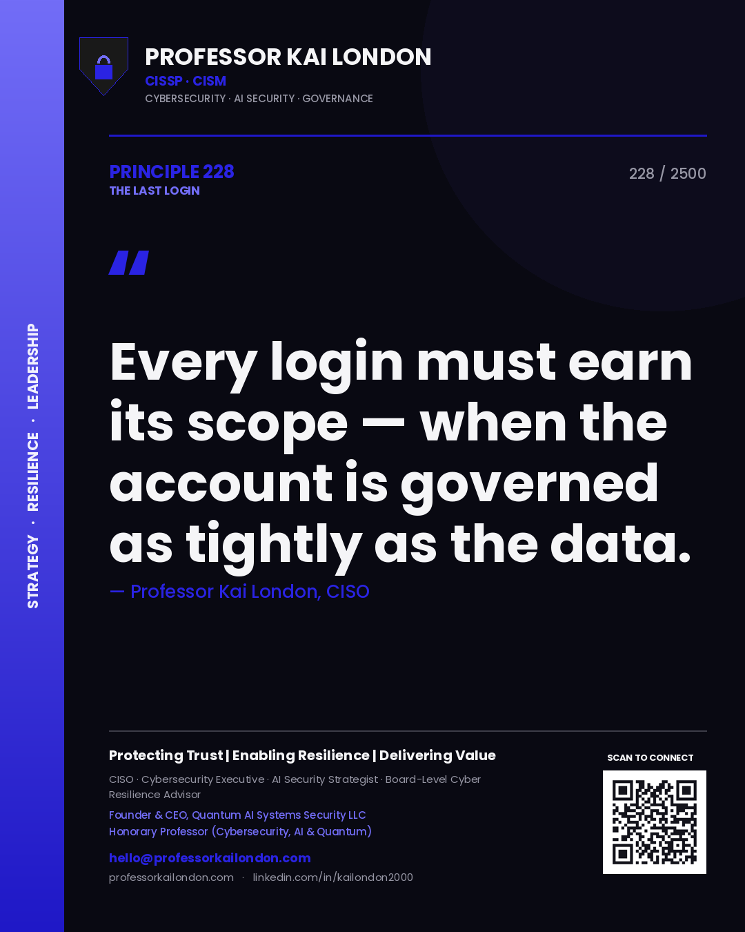 Professor Kai London principle 228: Every login must earn its scope — when the account is governed as tightly as the data.