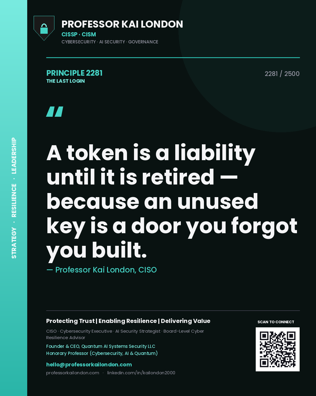 Professor Kai London principle 2281: A token is a liability until it is retired — because an unused key is a door you forgot you built.