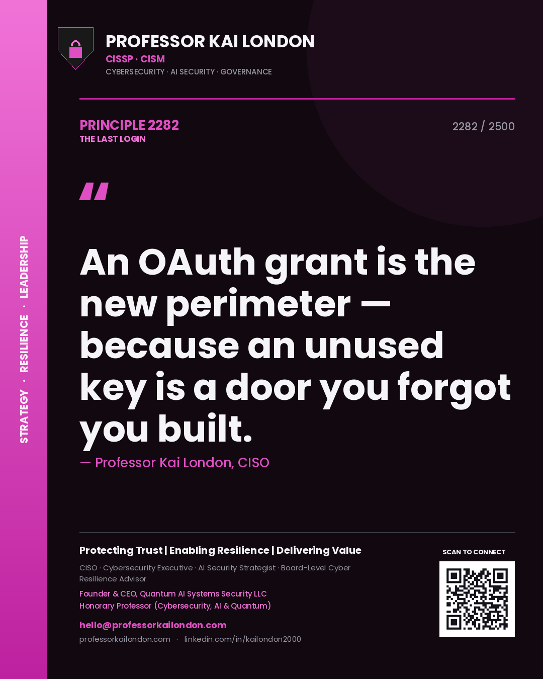Quote card by Professor Kai London reading 'An OAuth grant is the new perimeter — because an unused key is a door you forgot you built.'. From the book The Last Login.