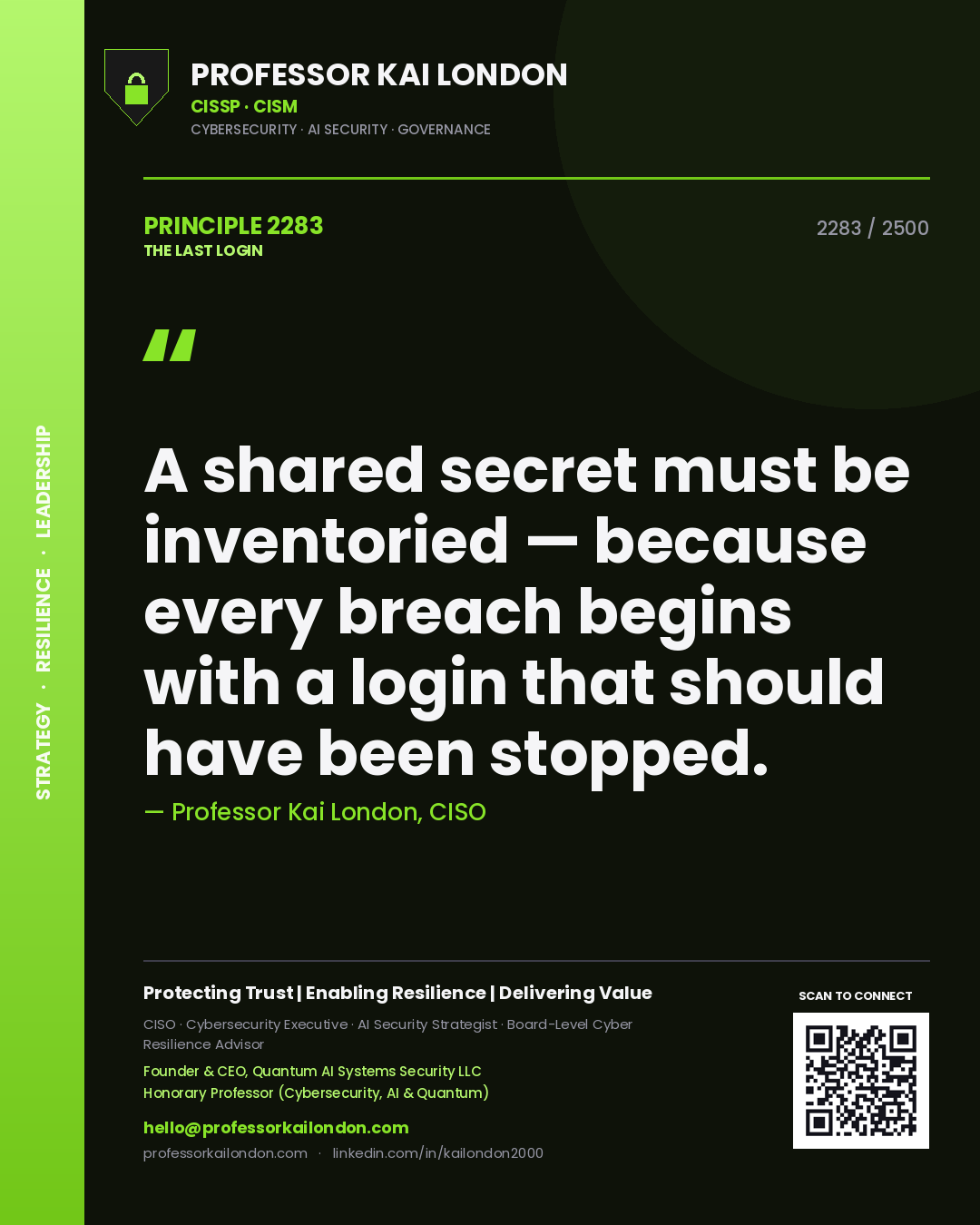 Quote card by Professor Kai London reading 'A shared secret must be inventoried — because every breach begins with a login that should have been stopped.'. From the book The Last Login.