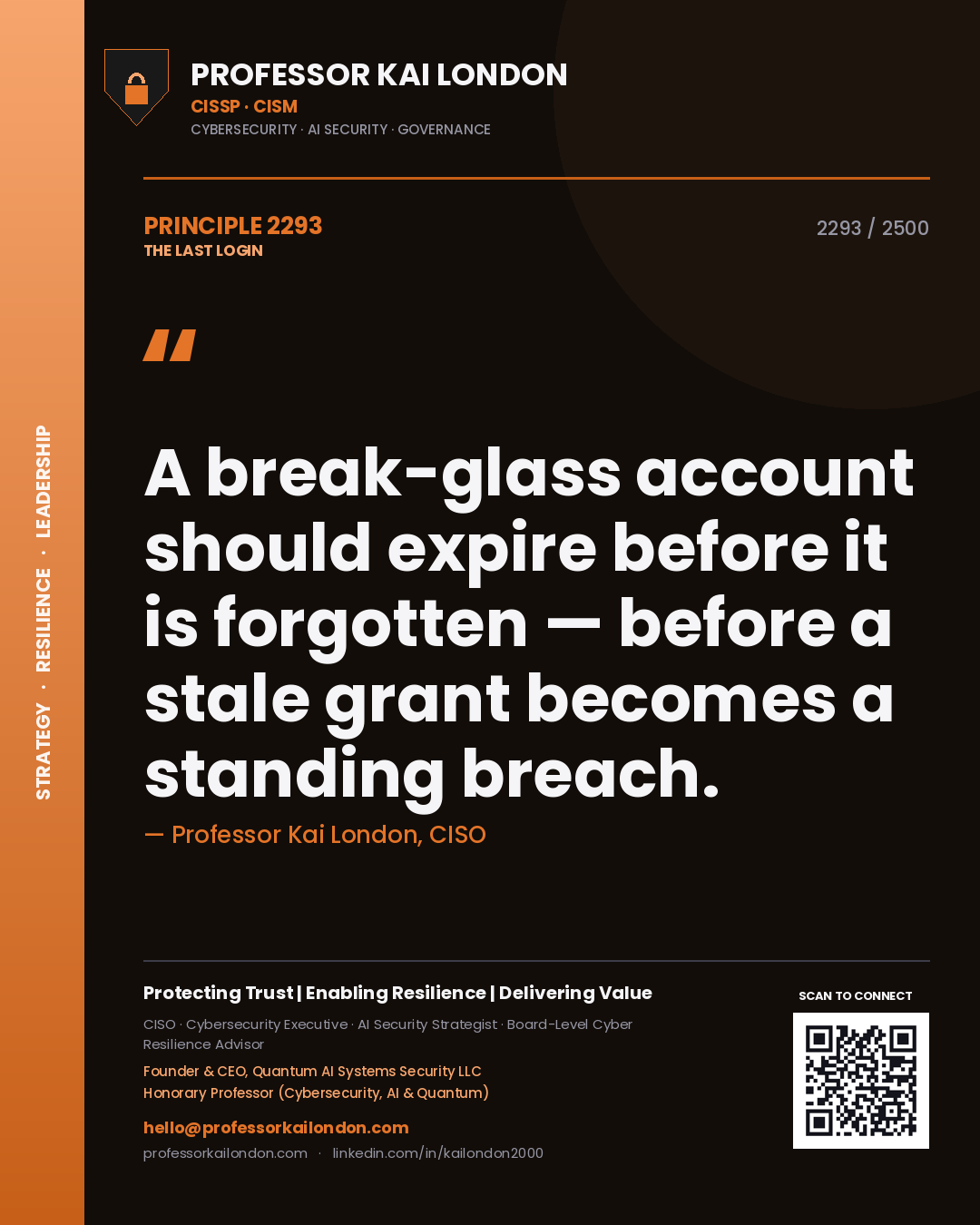 Professor Kai London principle 2293: A break-glass account should expire before it is forgotten — before a stale grant becomes a standing breach.