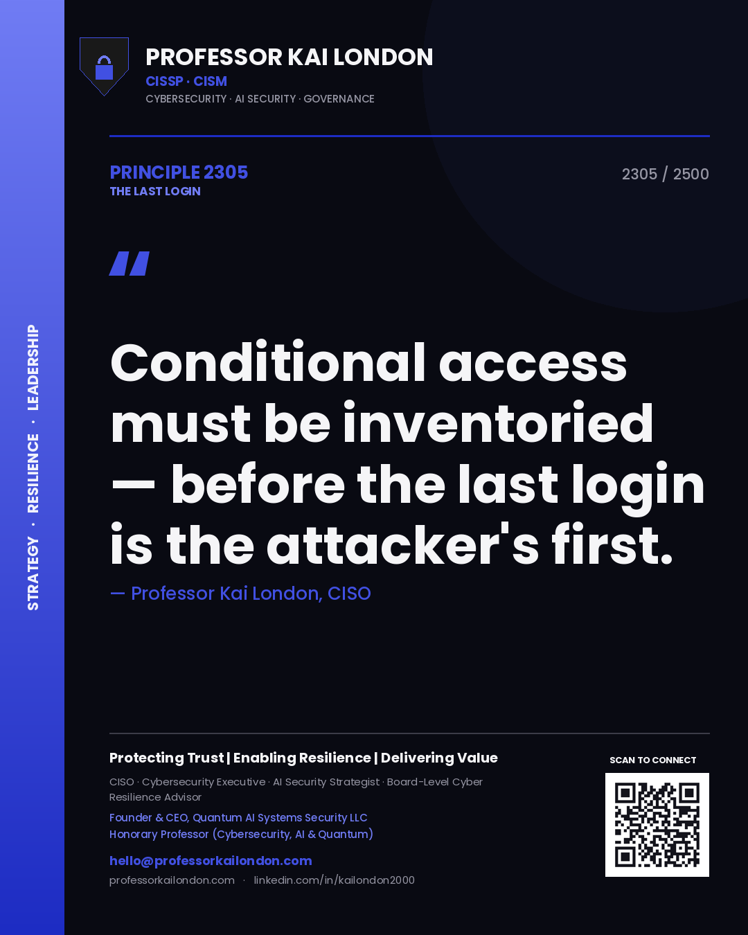 Professor Kai London principle 2305: Conditional access must be inventoried — before the last login is the attacker's first.