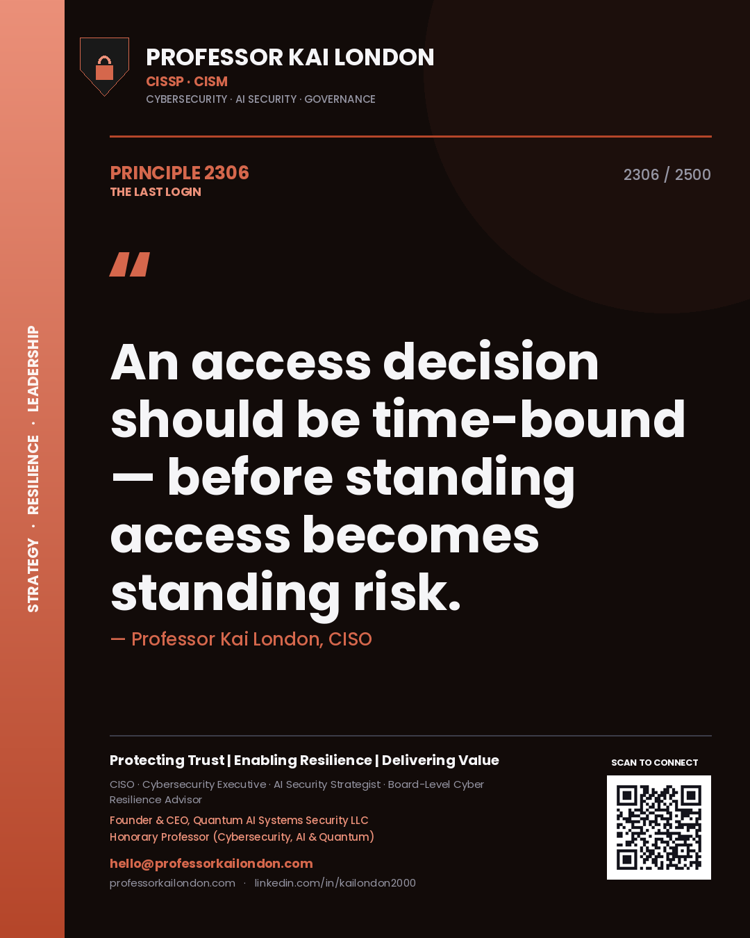 Quote card by Professor Kai London reading 'An access decision should be time-bound — before standing access becomes standing risk.'. From the book The Last Login.