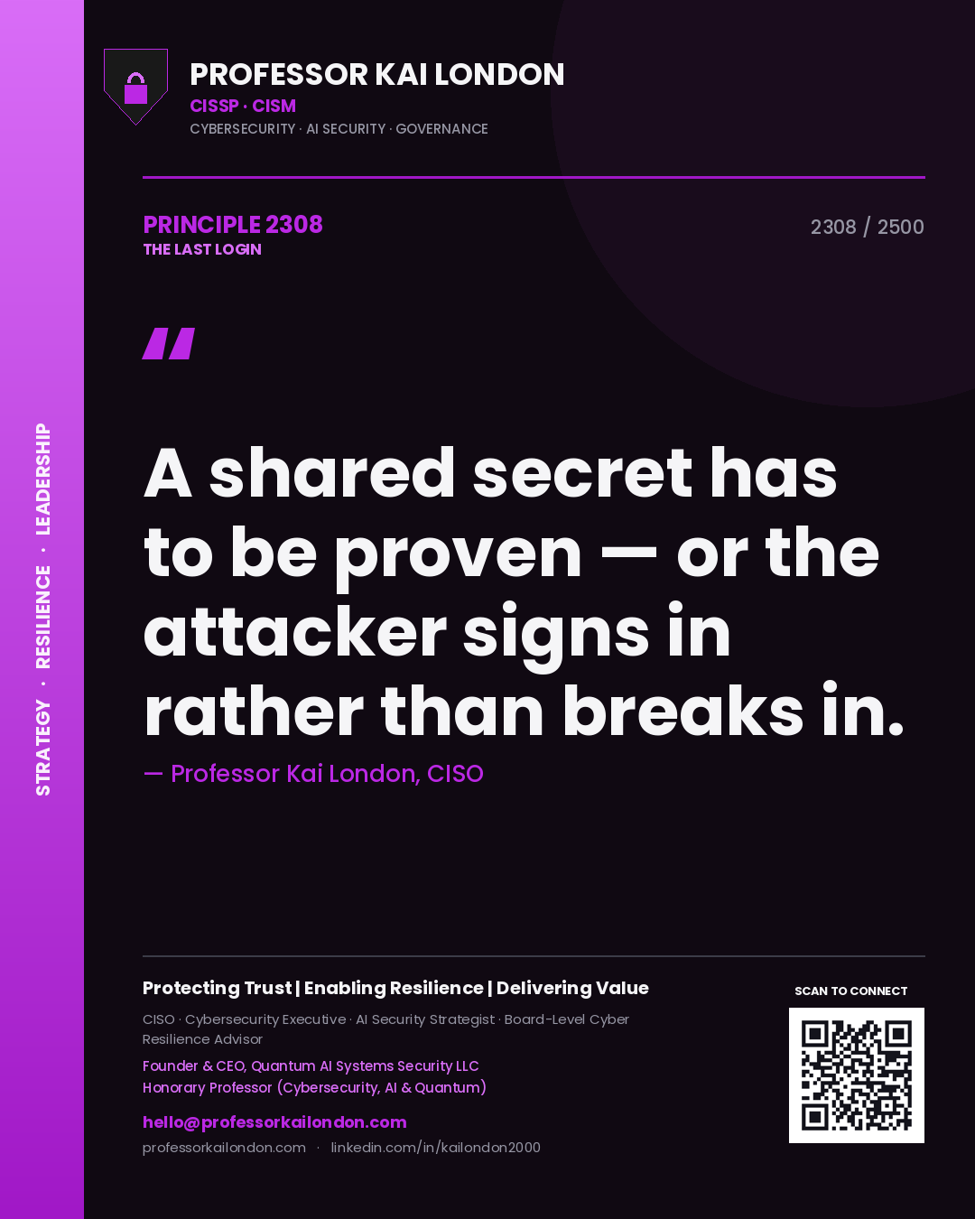 Professor Kai London principle 2308: A shared secret has to be proven — or the attacker signs in rather than breaks in.