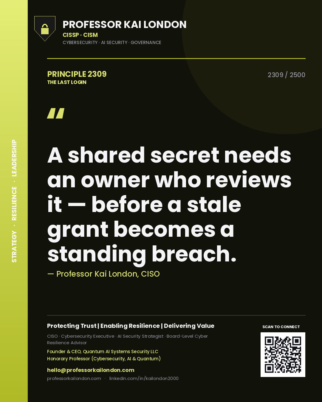 Professor Kai London principle 2309: A shared secret needs an owner who reviews it — before a stale grant becomes a standing breach.