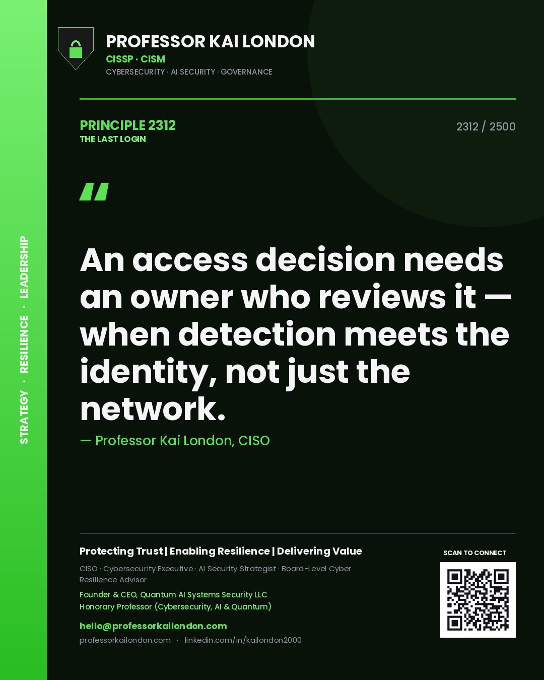 Quote card by Professor Kai London reading 'An access decision needs an owner who reviews it — when detection meets the identity, not just the network.'. From the book The Last Login.