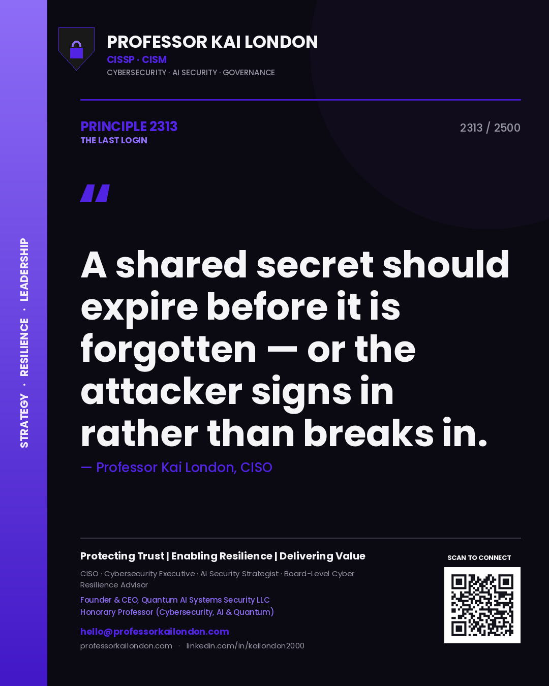 Quote card by Professor Kai London reading 'A shared secret should expire before it is forgotten — or the attacker signs in rather than breaks in.'. From the book The Last Login.