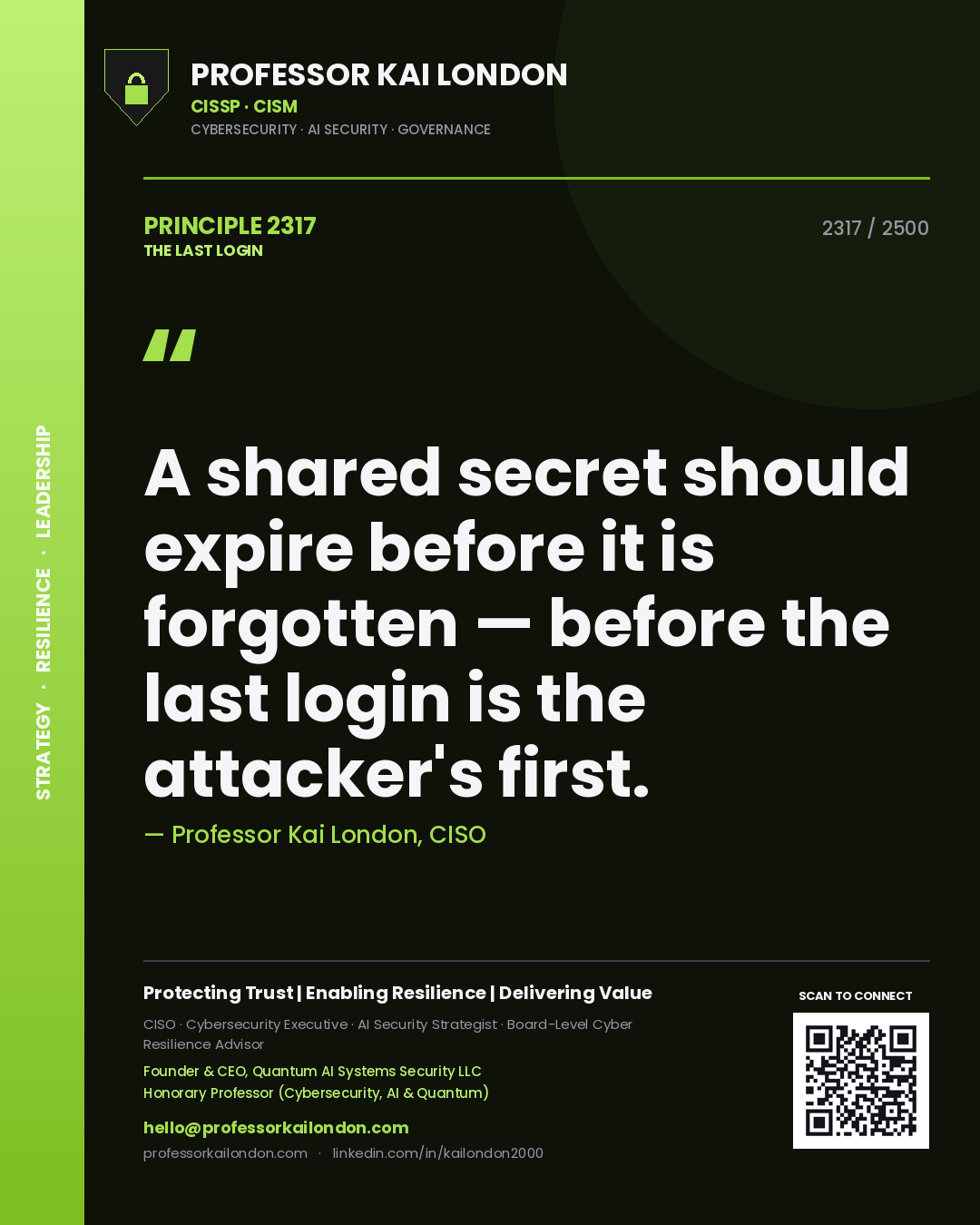 Quote card by Professor Kai London reading 'A shared secret should expire before it is forgotten — before the last login is the attacker's first.'. From the book The Last Login.