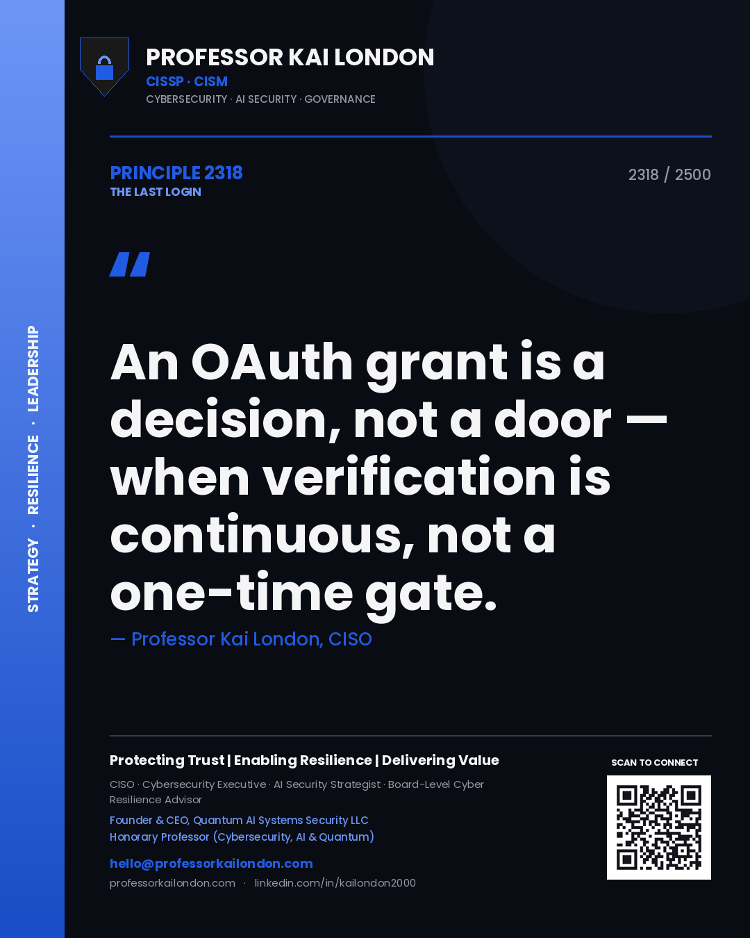 Quote card by Professor Kai London reading 'An OAuth grant is a decision, not a door — when verification is continuous, not a one-time gate.'. From the book The Last Login.