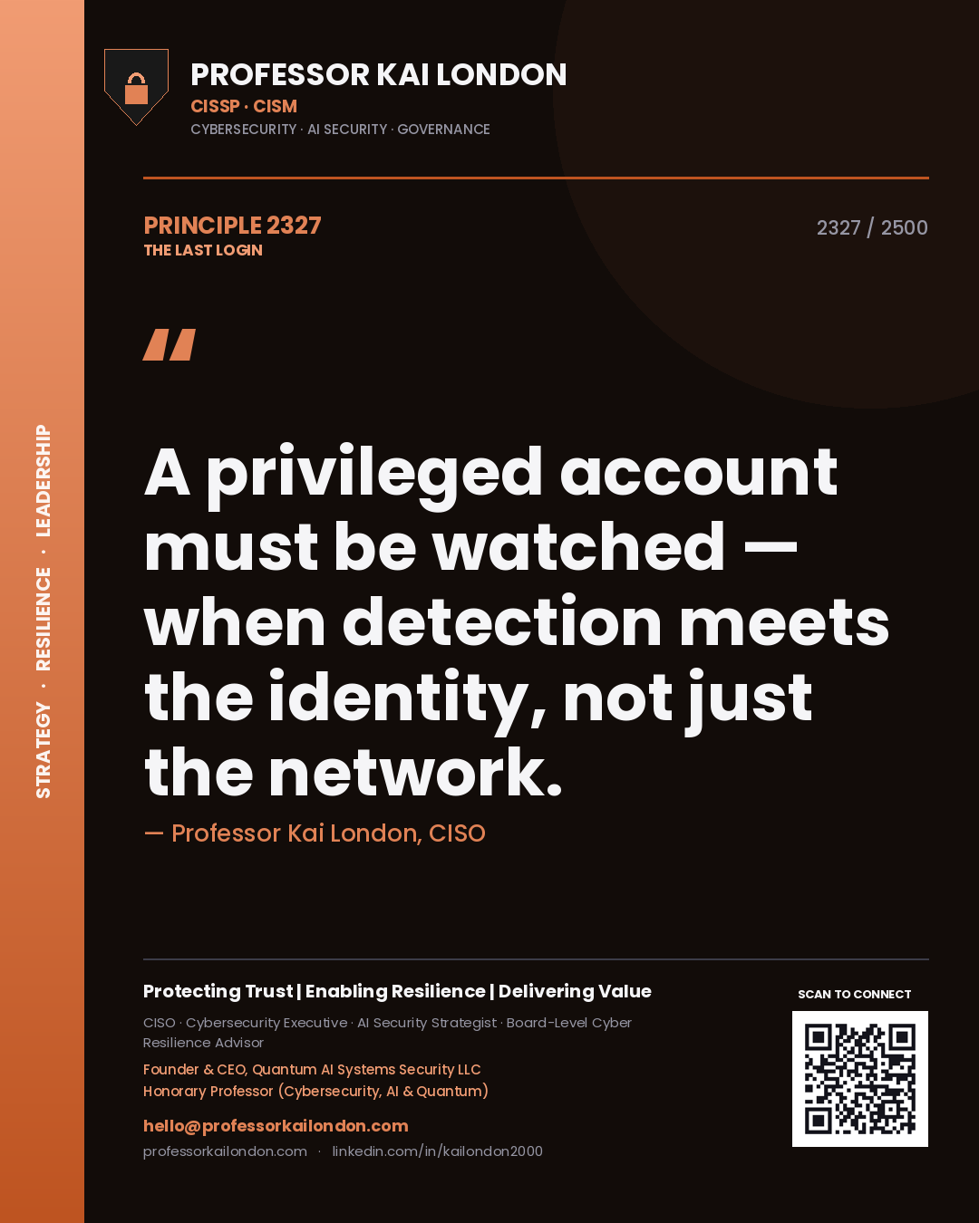 Quote card by Professor Kai London reading 'A privileged account must be watched — when detection meets the identity, not just the network.'. From the book The Last Login.