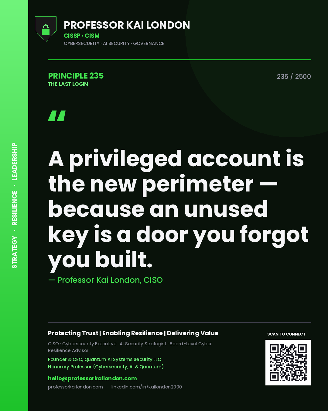 Professor Kai London principle 235: A privileged account is the new perimeter — because an unused key is a door you forgot you built.