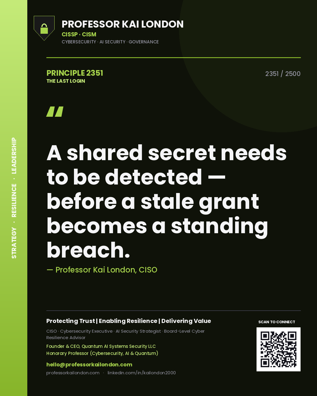 Quote card by Professor Kai London reading 'A shared secret needs to be detected — before a stale grant becomes a standing breach.'. From the book The Last Login.