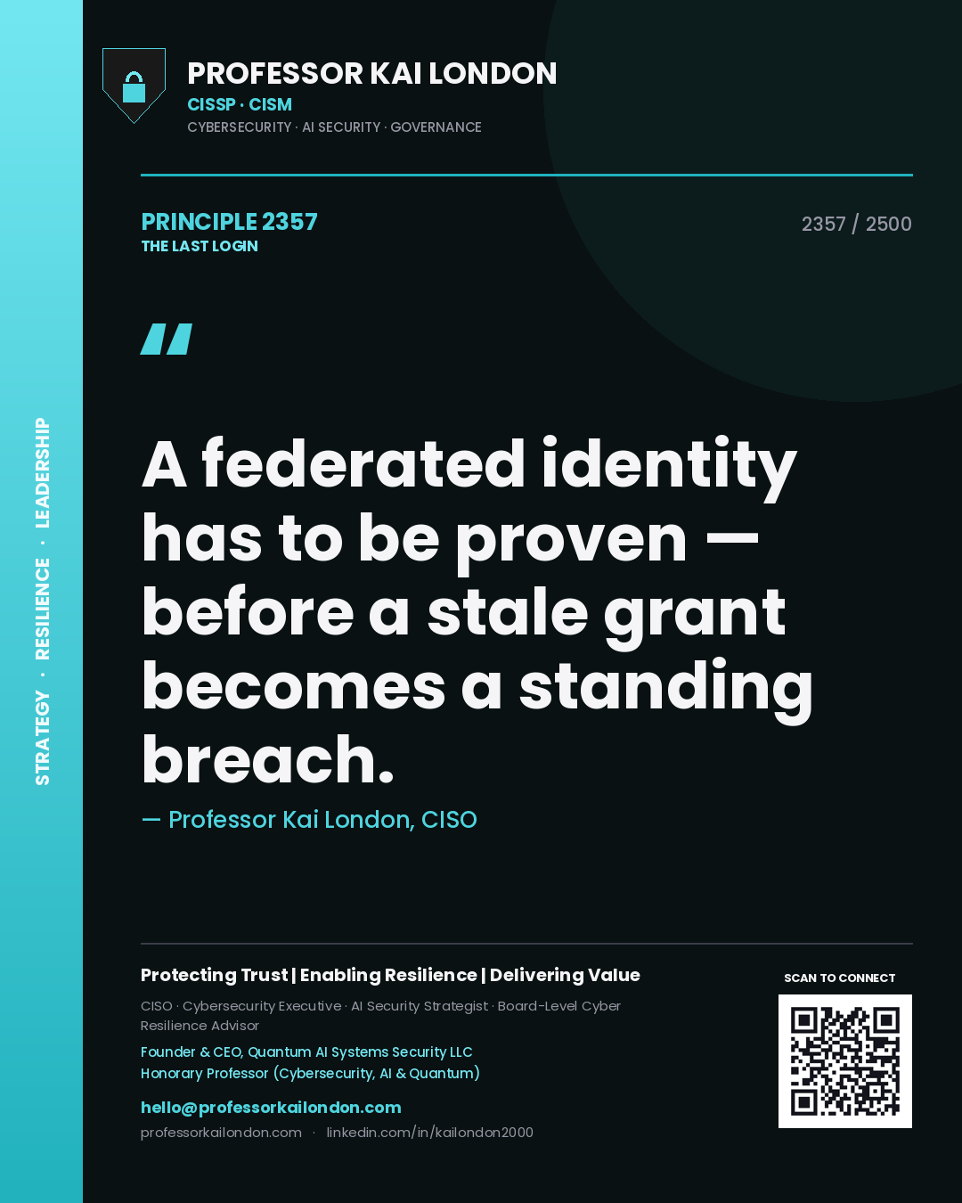 Quote card by Professor Kai London reading 'A federated identity has to be proven — before a stale grant becomes a standing breach.'. From the book The Last Login.