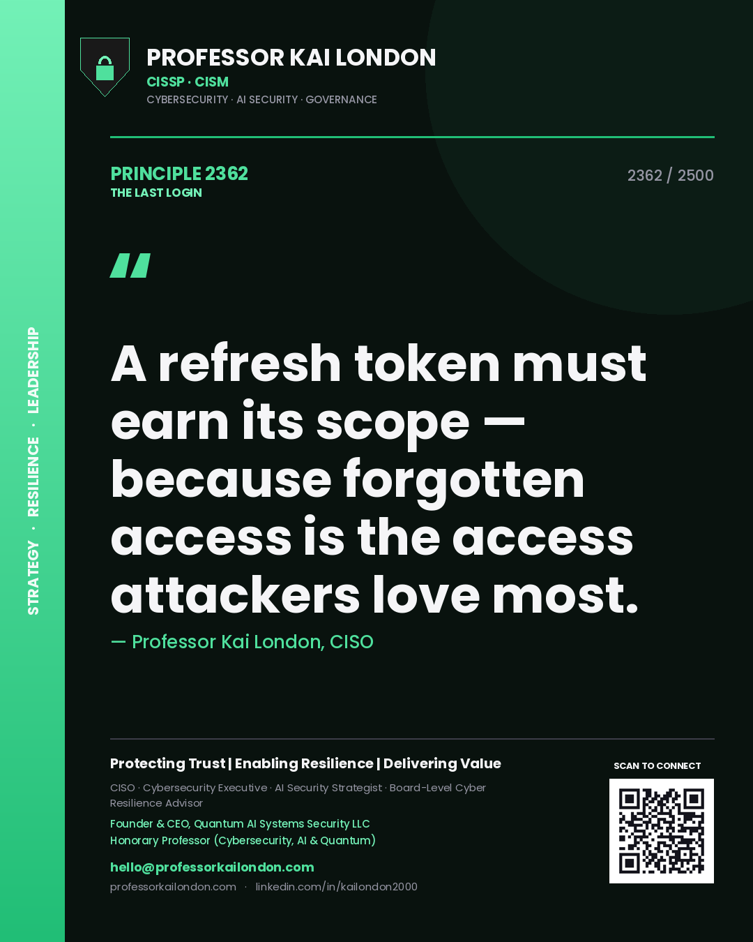 Professor Kai London principle 2362: A refresh token must earn its scope — because forgotten access is the access attackers love most.