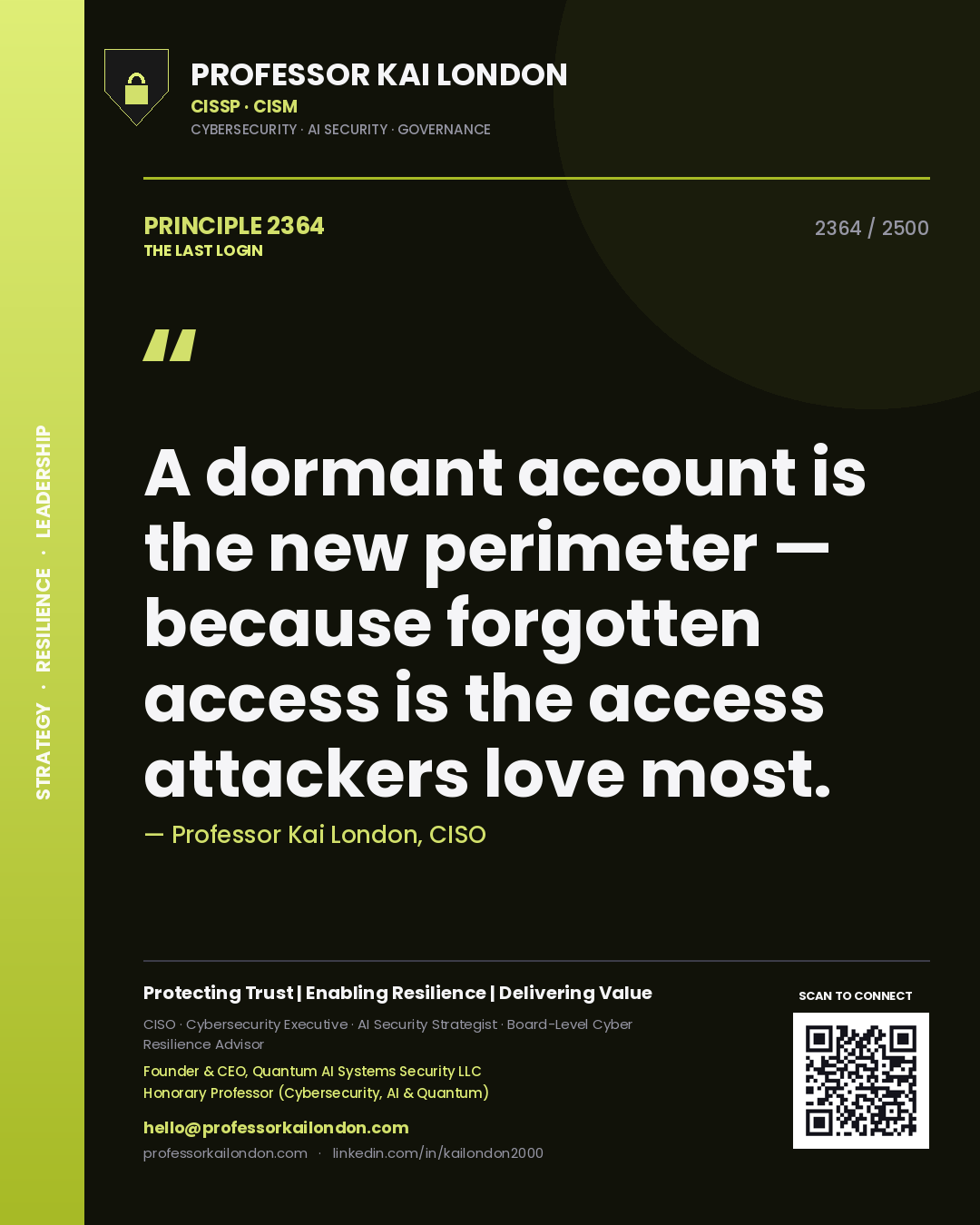 Quote card by Professor Kai London reading 'A dormant account is the new perimeter — because forgotten access is the access attackers love most.'. From the book The Last Login.