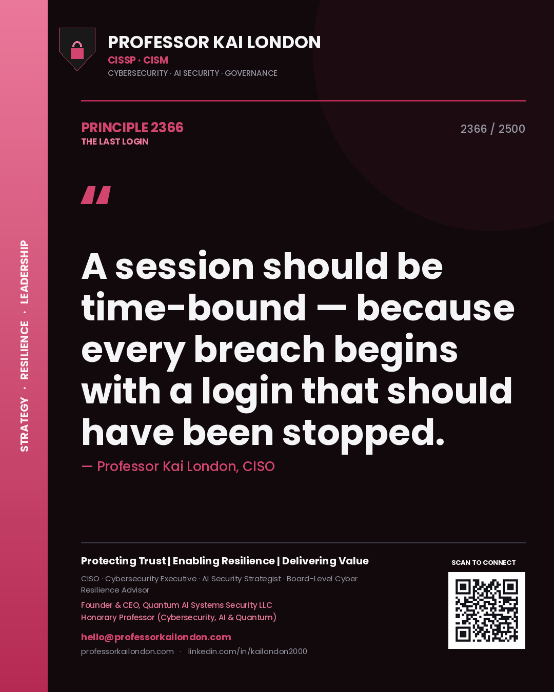 Quote card by Professor Kai London reading 'A session should be time-bound — because every breach begins with a login that should have been stopped.'. From the book The Last Login.
