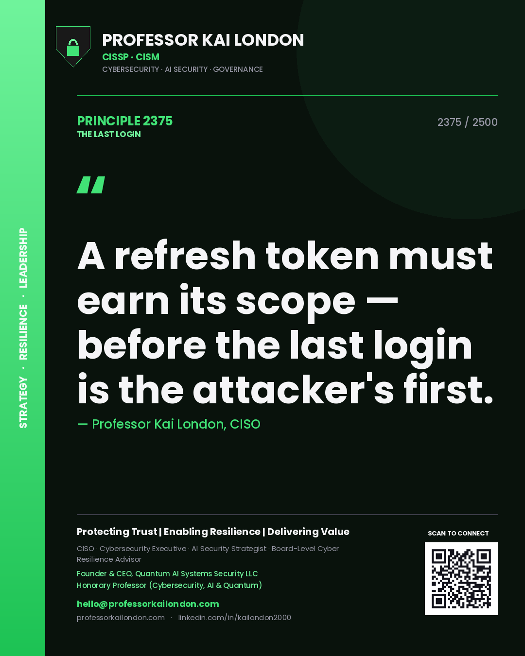 Professor Kai London principle 2375: A refresh token must earn its scope — before the last login is the attacker's first.