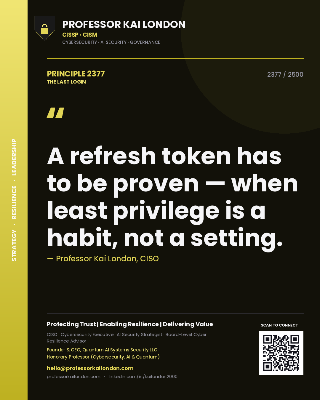 Quote card by Professor Kai London reading 'A refresh token has to be proven — when least privilege is a habit, not a setting.'. From the book The Last Login.