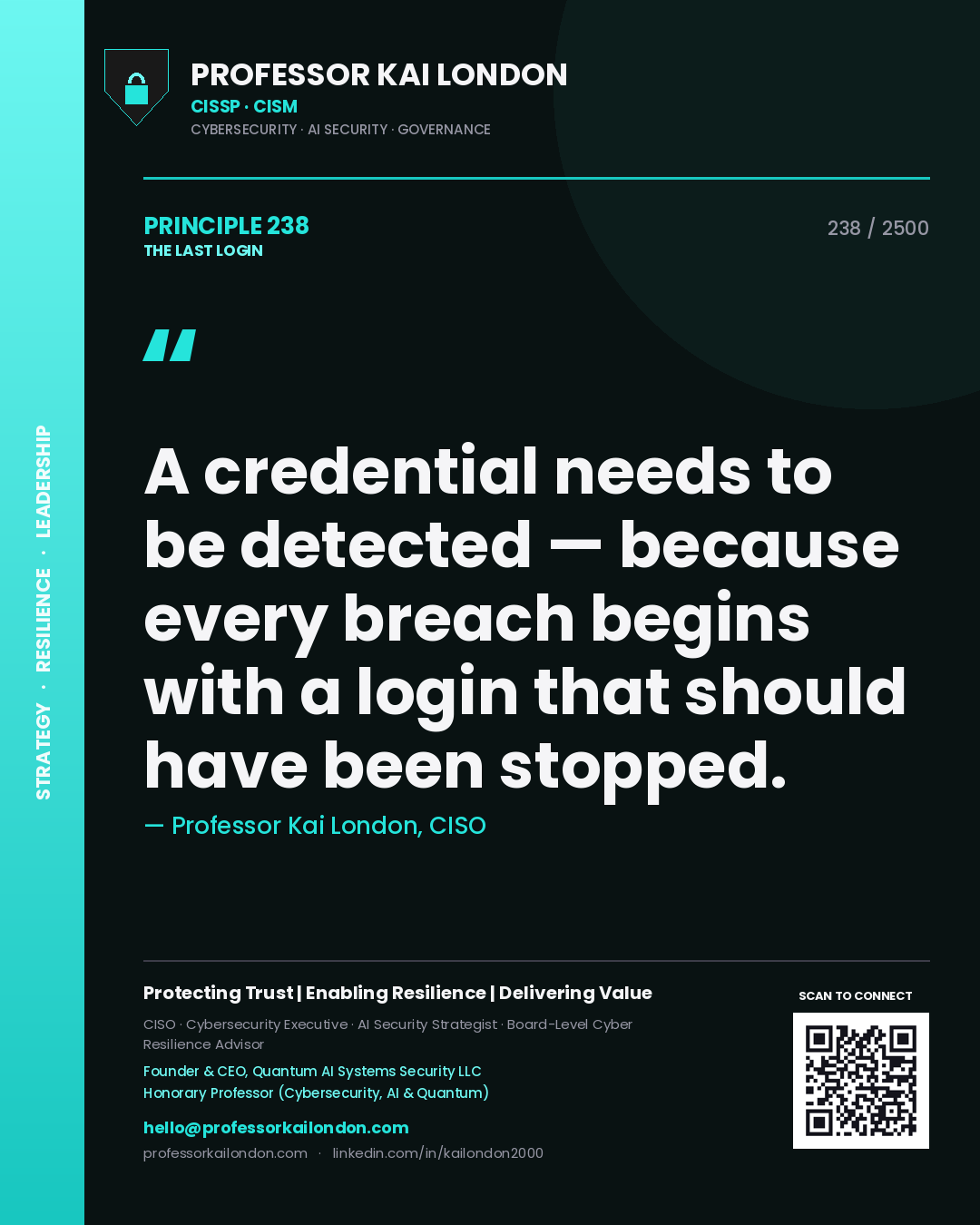 Quote card by Professor Kai London reading 'A credential needs to be detected — because every breach begins with a login that should have been stopped.'. From the book The Last Login.