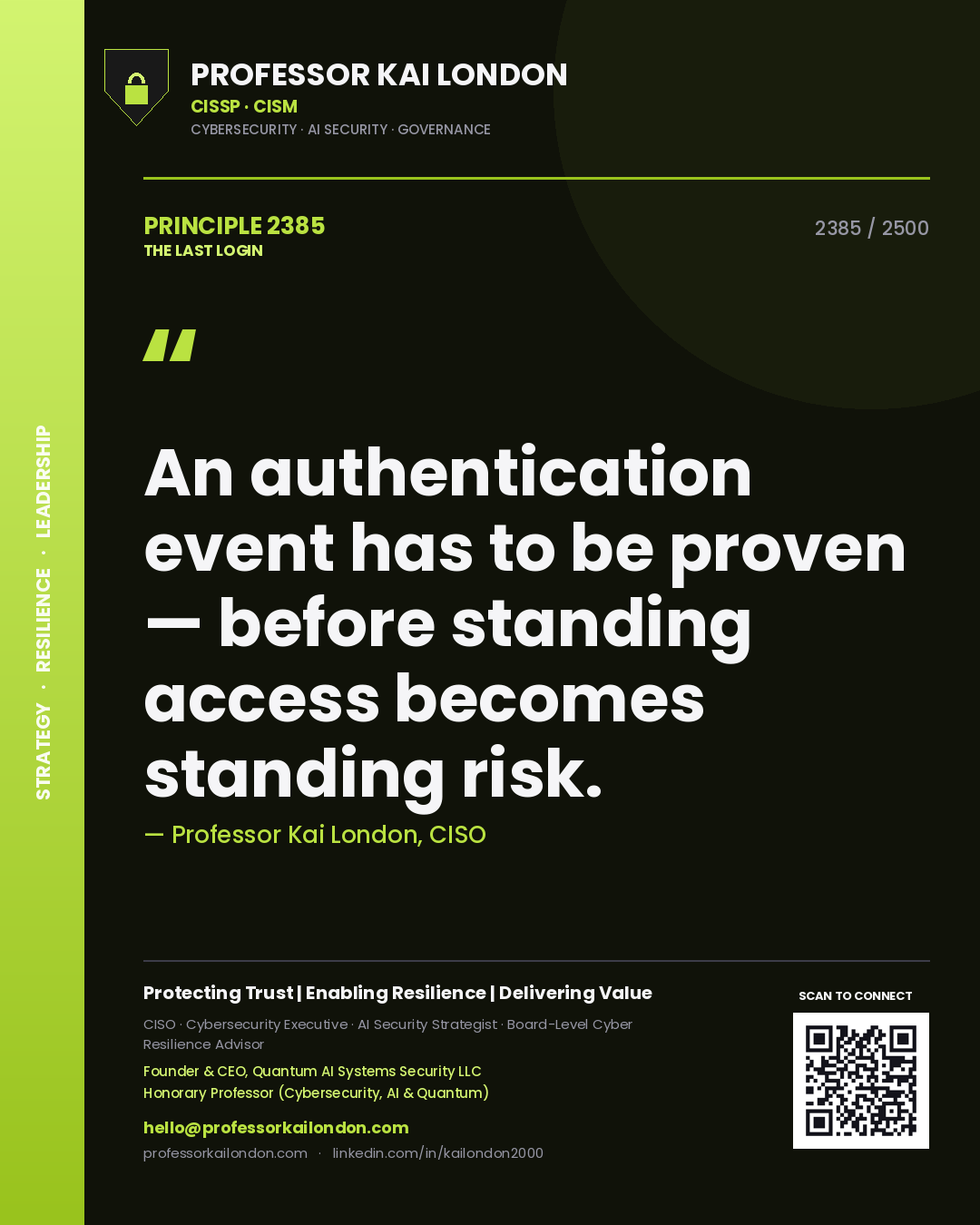 Quote card by Professor Kai London reading 'An authentication event has to be proven — before standing access becomes standing risk.'. From the book The Last Login.