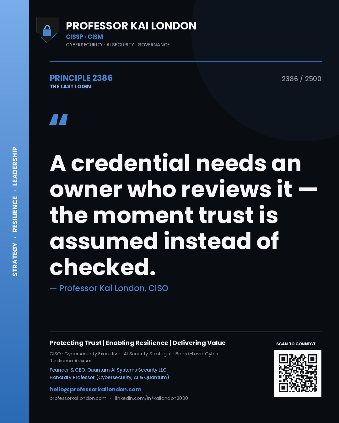 Quote card by Professor Kai London reading 'A credential needs an owner who reviews it — the moment trust is assumed instead of checked.'. From the book The Last Login.