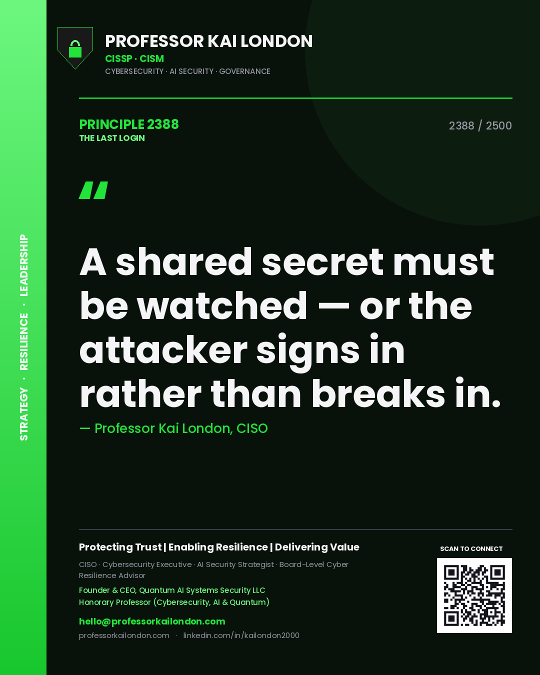 Quote card by Professor Kai London reading 'A shared secret must be watched — or the attacker signs in rather than breaks in.'. From the book The Last Login.