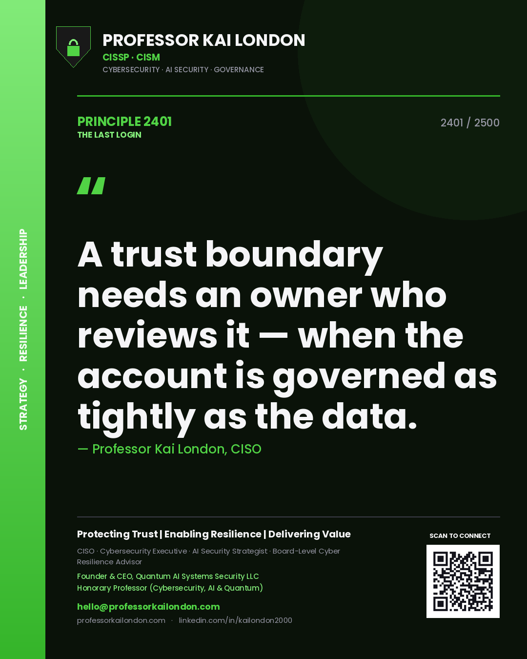 Professor Kai London principle 2401: A trust boundary needs an owner who reviews it — when the account is governed as tightly as the data.