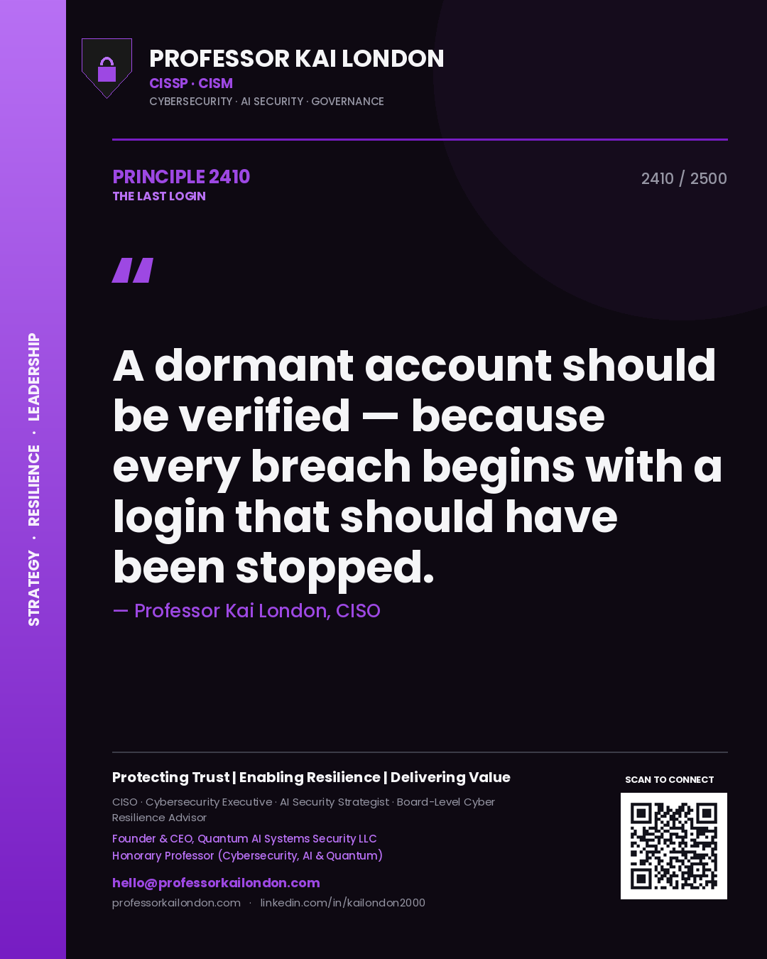 Professor Kai London principle 2410: A dormant account should be verified — because every breach begins with a login that should have been stopped.
