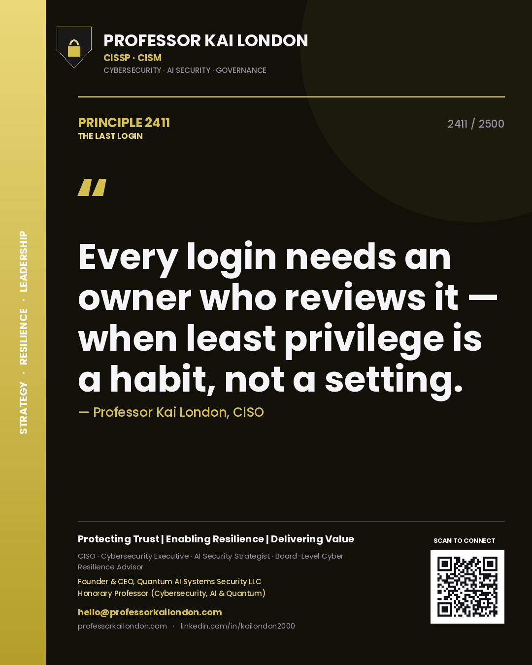 Quote card by Professor Kai London reading 'Every login needs an owner who reviews it — when least privilege is a habit, not a setting.'. From the book The Last Login.