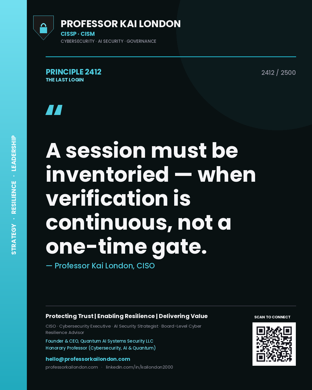 Quote card by Professor Kai London reading 'A session must be inventoried — when verification is continuous, not a one-time gate.'. From the book The Last Login.