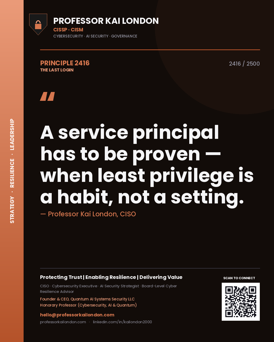 Quote card by Professor Kai London reading 'A service principal has to be proven — when least privilege is a habit, not a setting.'. From the book The Last Login.