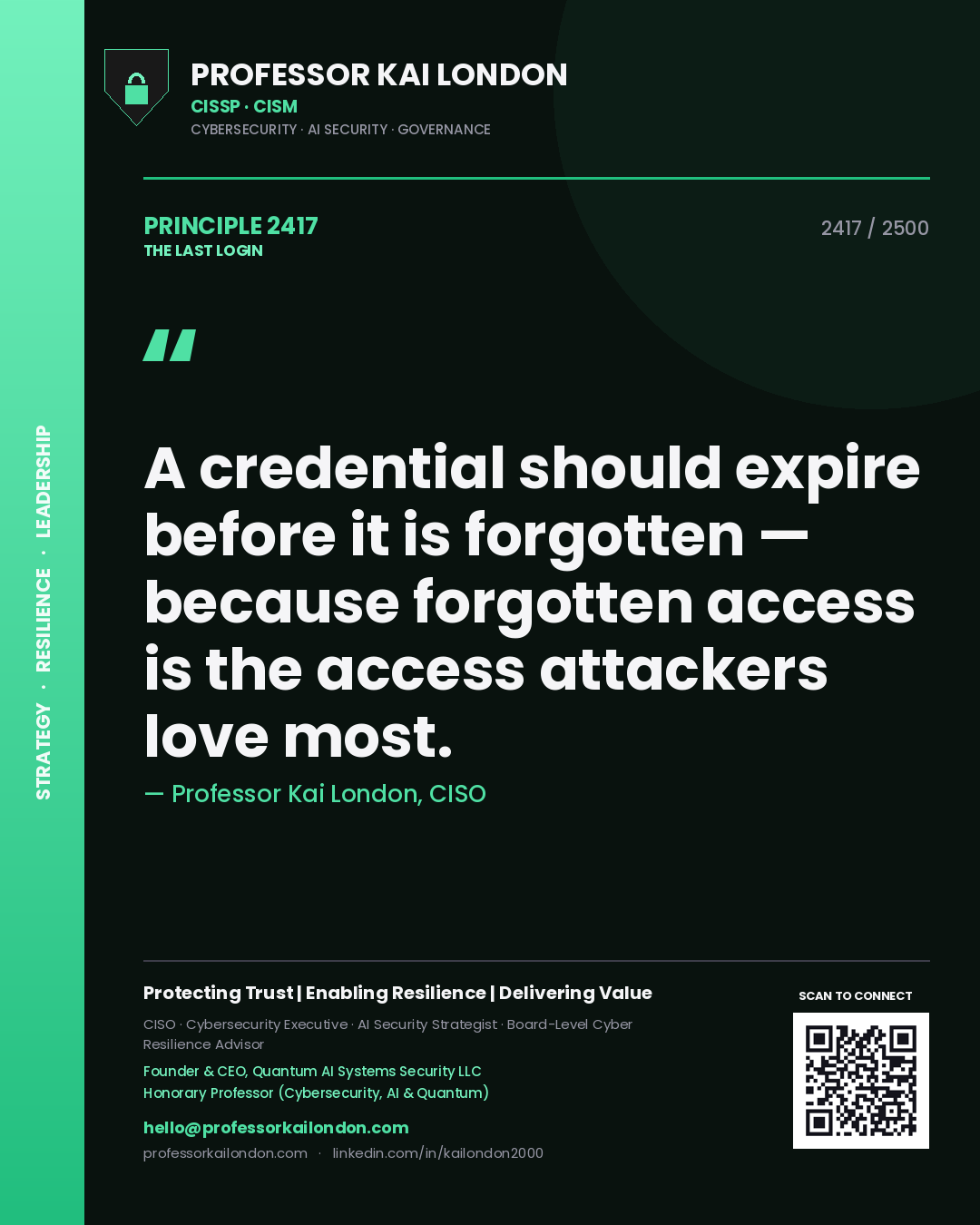 Professor Kai London principle 2417: A credential should expire before it is forgotten — because forgotten access is the access attackers love most.