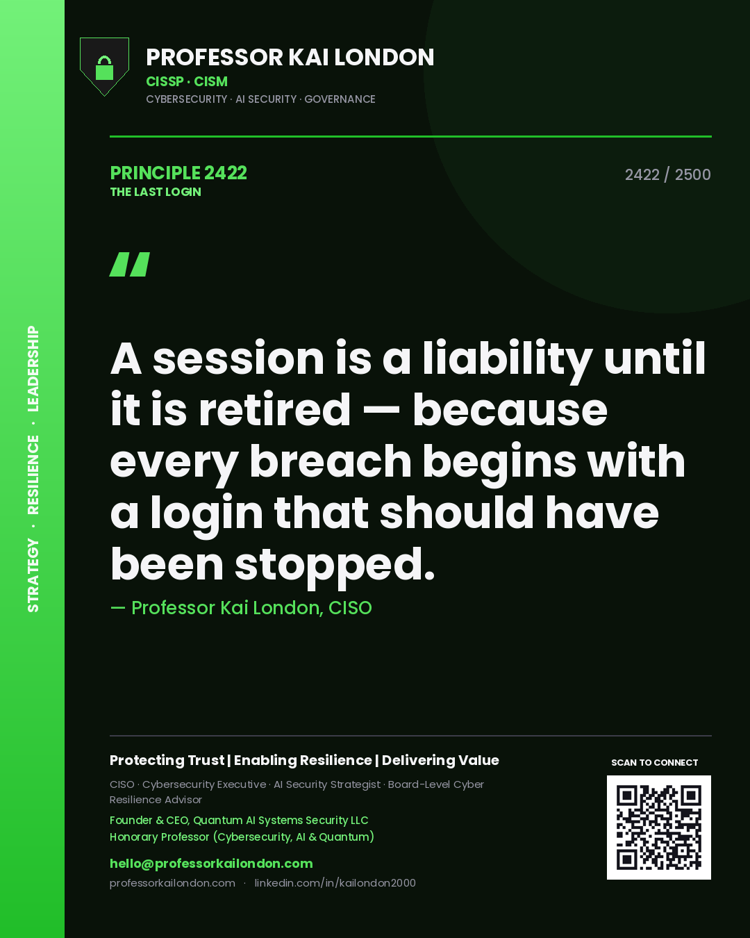 Professor Kai London principle 2422: A session is a liability until it is retired — because every breach begins with a login that should have been stopped.