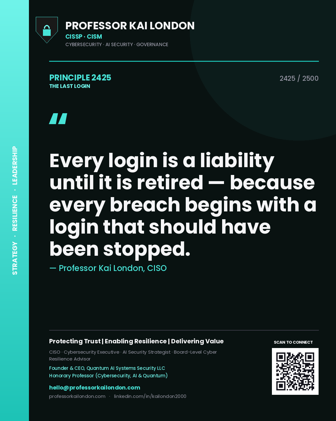Quote card by Professor Kai London reading 'Every login is a liability until it is retired — because every breach begins with a login that should have been stopped.'. From the book The Last Login.