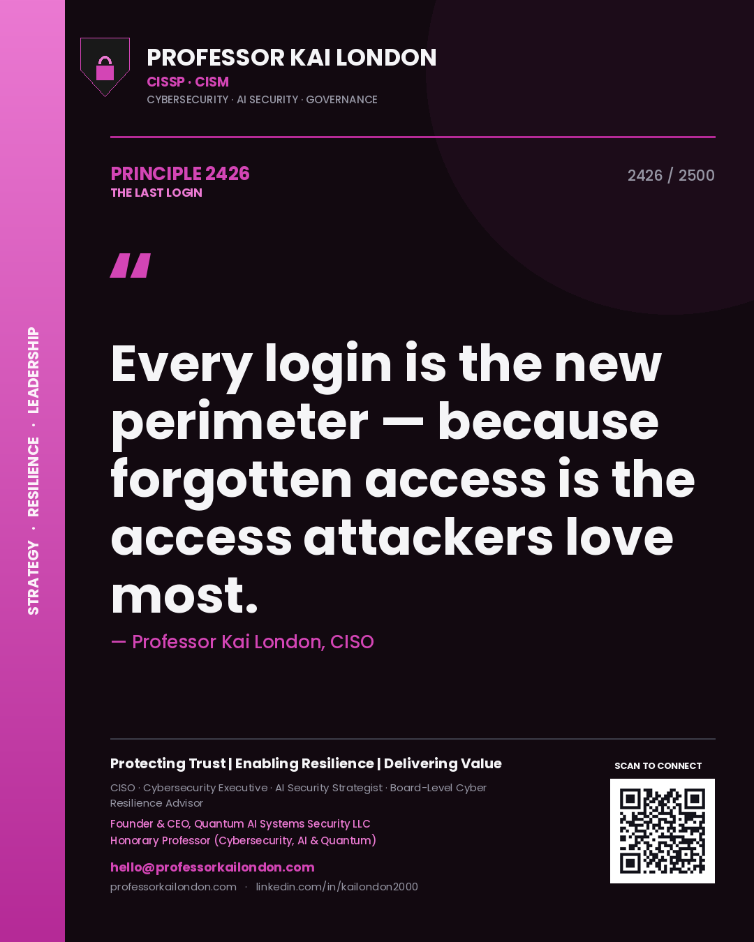Quote card by Professor Kai London reading 'Every login is the new perimeter — because forgotten access is the access attackers love most.'. From the book The Last Login.