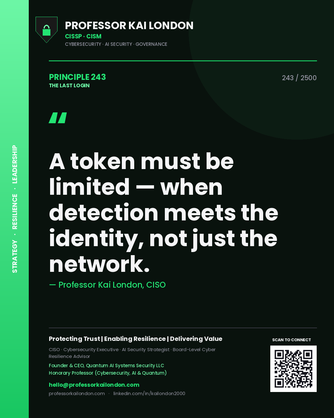 Quote card by Professor Kai London reading 'A token must be limited — when detection meets the identity, not just the network.'. From the book The Last Login.
