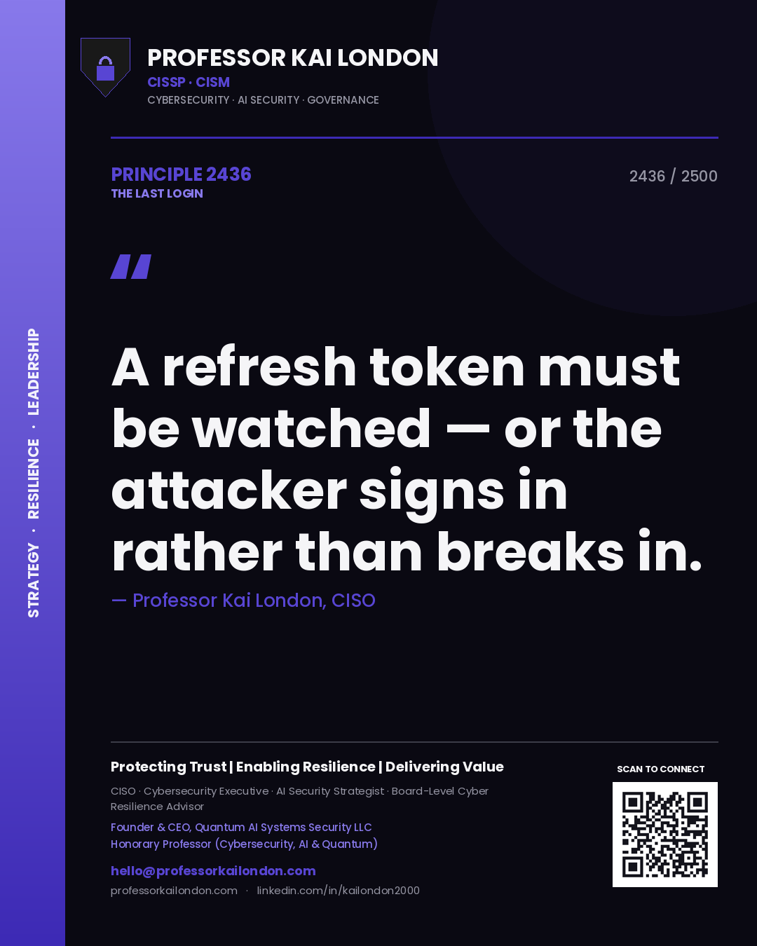 Quote card by Professor Kai London reading 'A refresh token must be watched — or the attacker signs in rather than breaks in.'. From the book The Last Login.