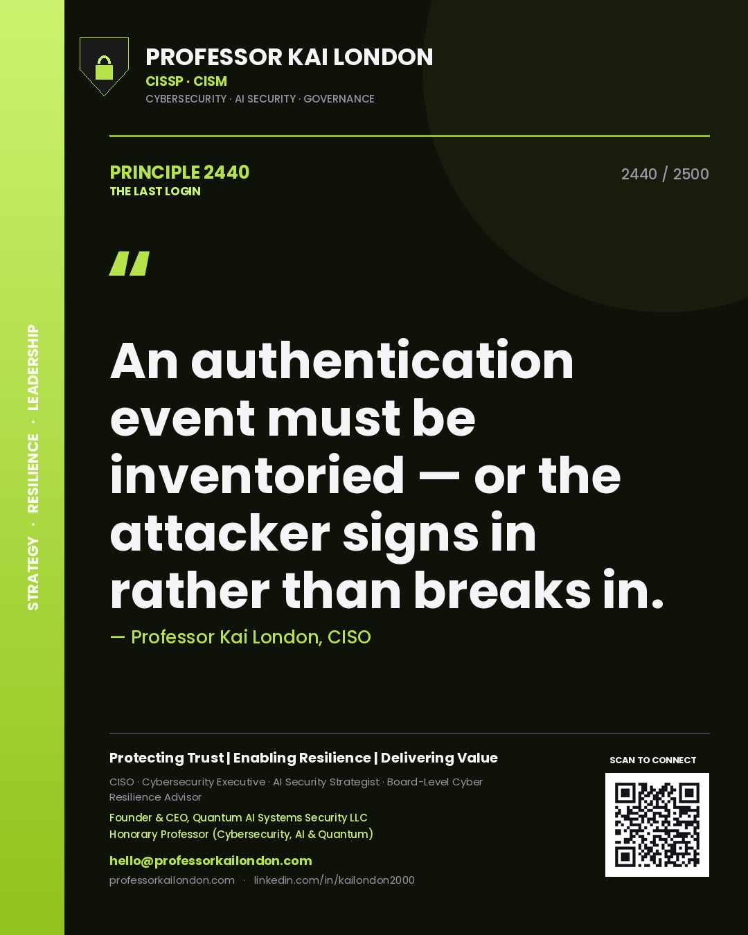 Quote card by Professor Kai London reading 'An authentication event must be inventoried — or the attacker signs in rather than breaks in.'. From the book The Last Login.